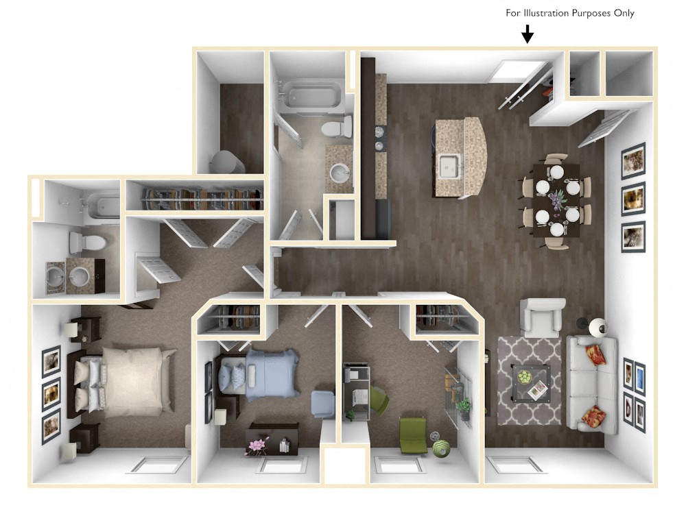 Floor plan for 3 beds, 2 baths, 1100 sqft